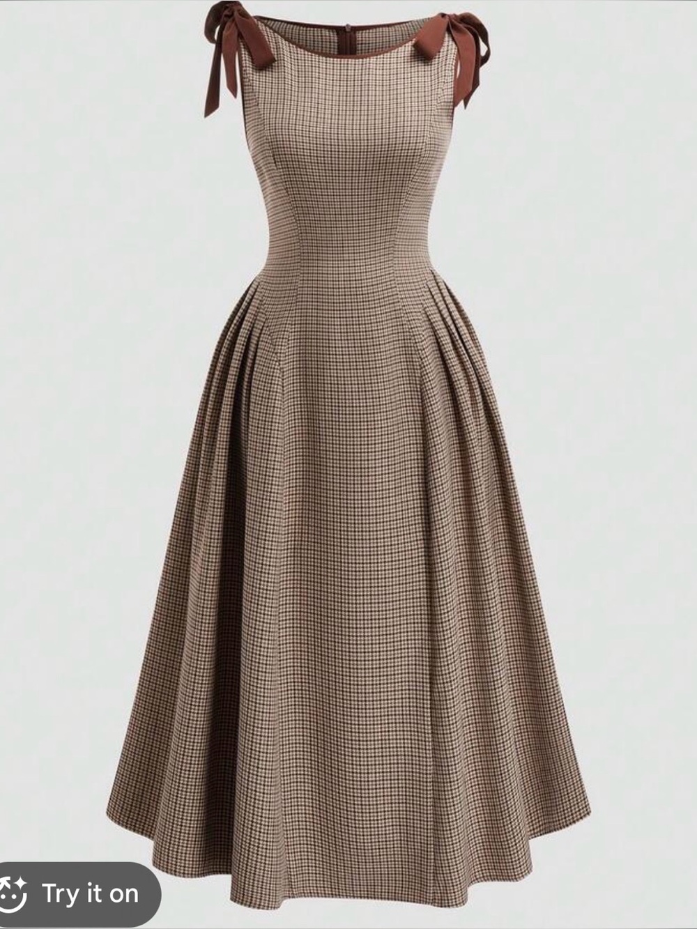 SHEIN Brown Check Midi Dress with Tie Shoulder Straps